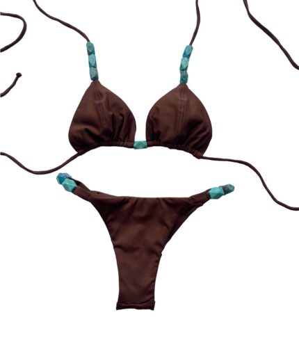 Biquíni Cortininha Marrom Pedras Turquesa